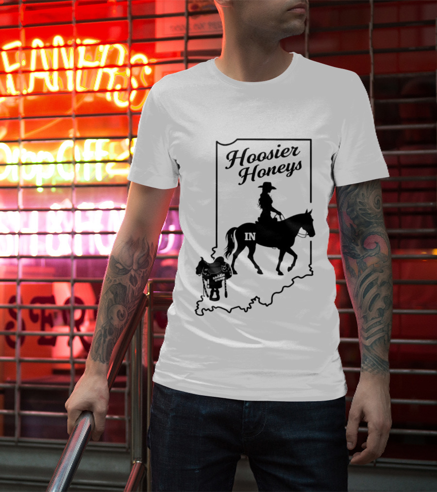 Hoosier Honeys Saddle Tramp Indiana State Map IN Horseback T-Shirt