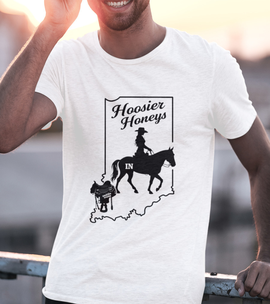 Hoosier Honeys Saddle Tramp Indiana State Map IN Horseback T-Shirt