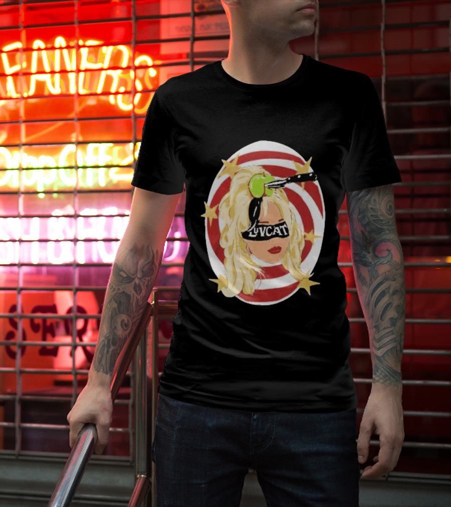 Luvcat Blonde Woman Bullseye Knife Apple Starburst T-Shirt