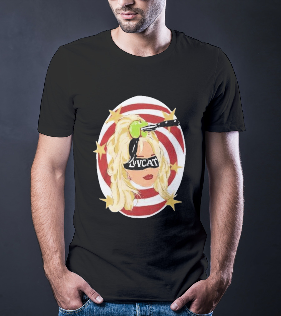 Luvcat Blonde Woman Bullseye Knife Apple Starburst T-Shirt