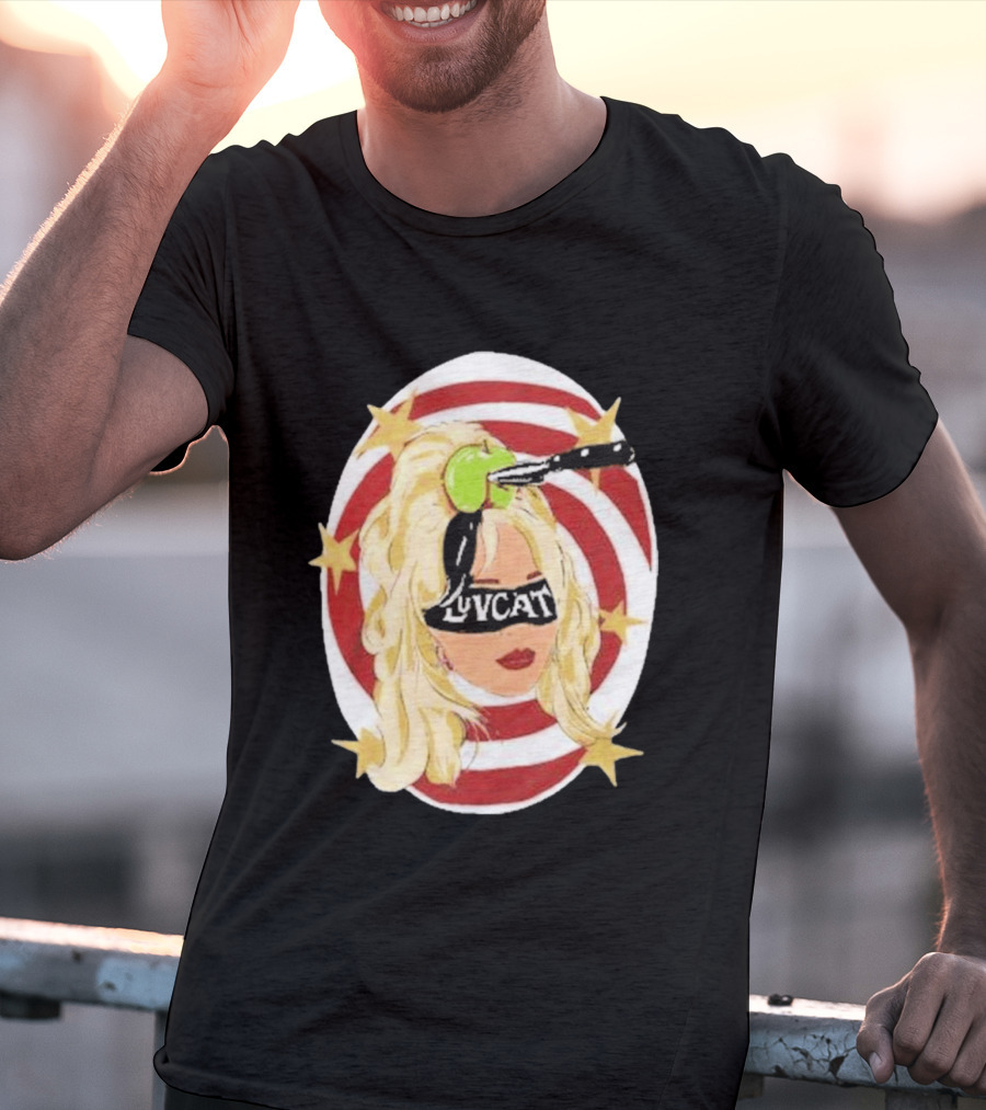 Luvcat Blonde Woman Bullseye Knife Apple Starburst T-Shirt