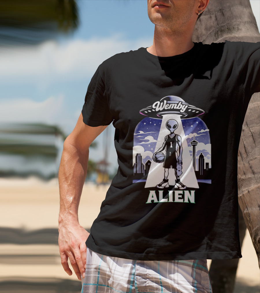 Wemby Alien Basketball UFO Skyline T-Shirt