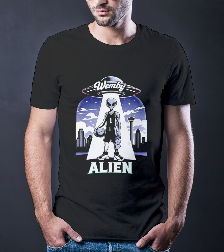 Wemby Alien Basketball UFO Skyline T-Shirt