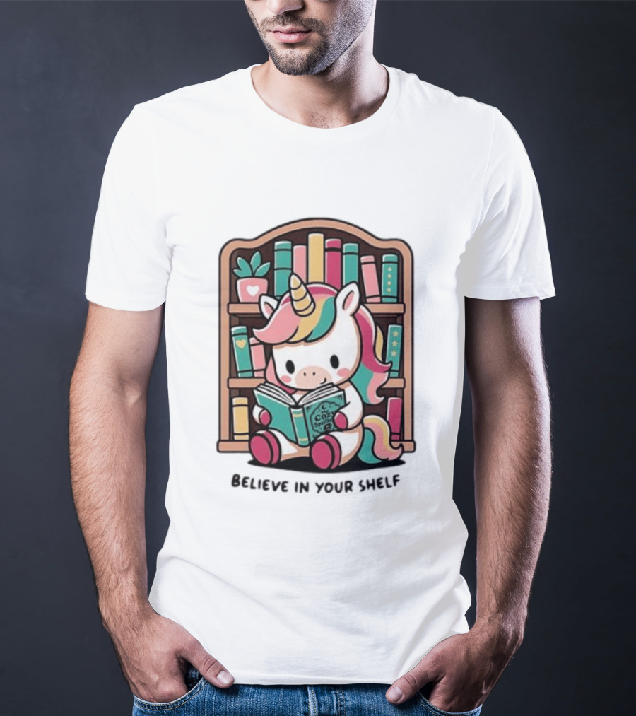Unicorn Reading Believe In Your Shelf Bookshelf Magic T-Shirt