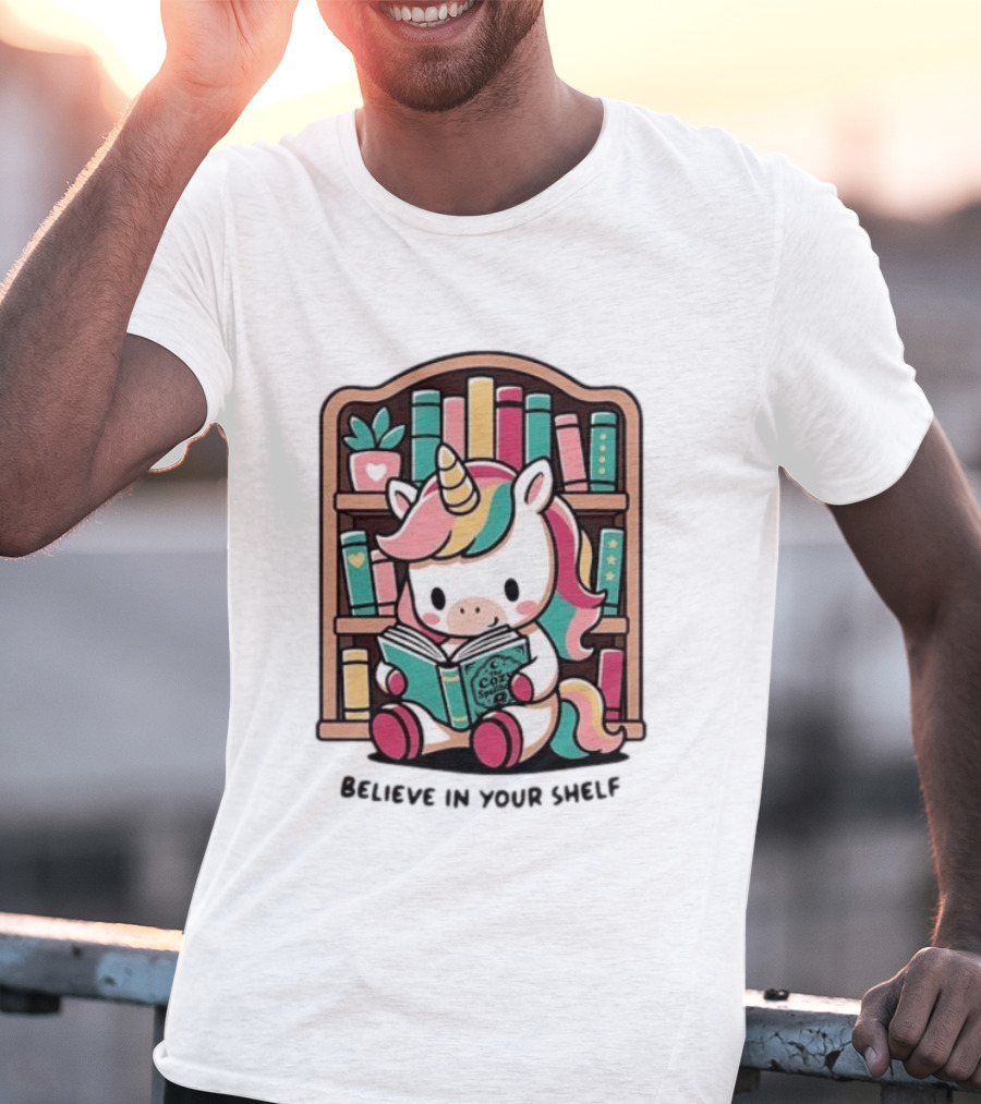 Unicorn Reading Believe In Your Shelf Bookshelf Magic T-Shirt