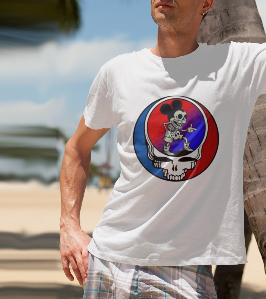 Mickey Mouse Skeleton With Grateful Dead Skull And Roses T-Shirt