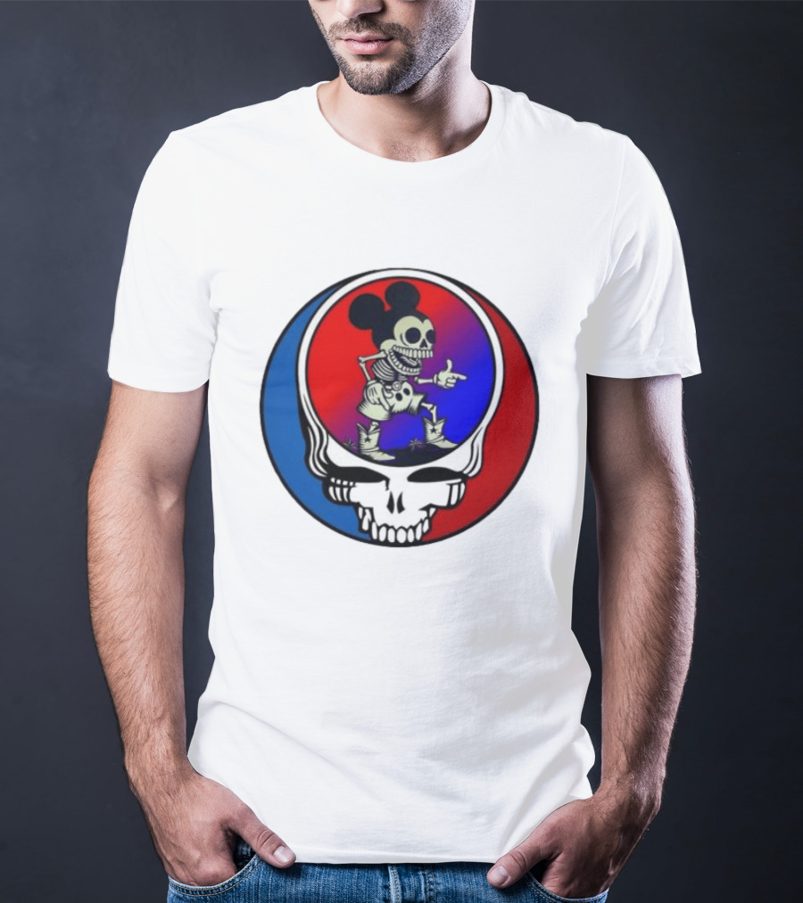 Mickey Mouse Skeleton With Grateful Dead Skull And Roses T-Shirt