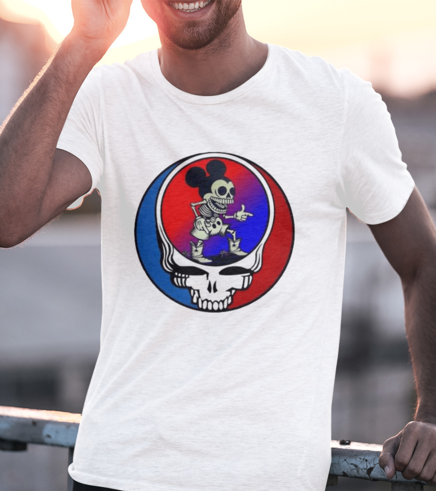 Mickey Mouse Skeleton With Grateful Dead Skull And Roses T-Shirt
