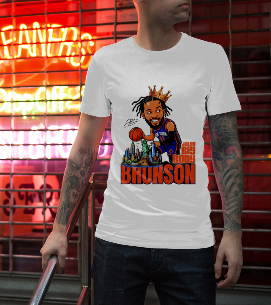 Jalen Brunson King Of NY Caricature With Statue Of Liberty And New York Skyline T-Shirt