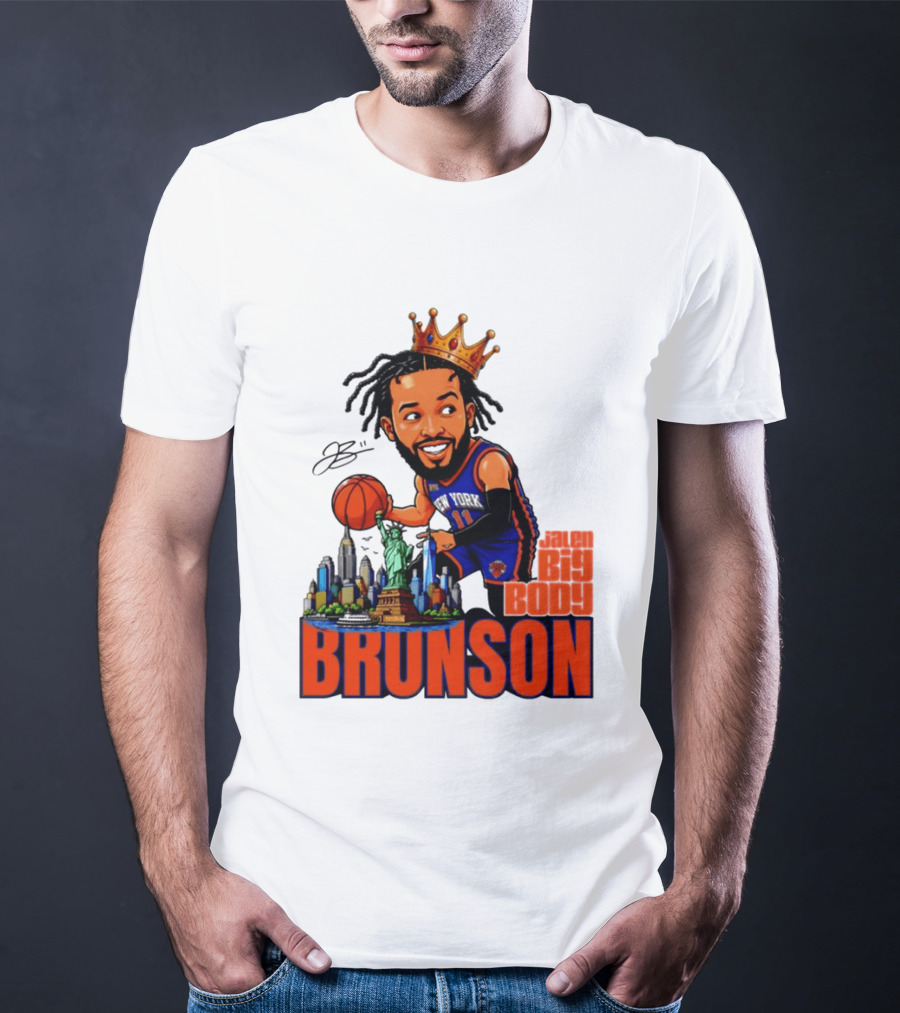 Jalen Brunson King Of NY Caricature With Statue Of Liberty And New York Skyline T-Shirt