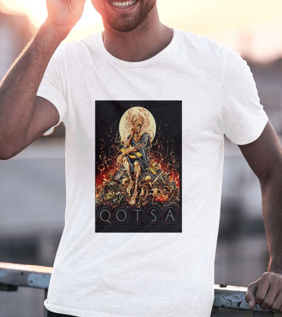 QOTSA April 8 2024 Calgary Communities Centre Flaming Skeleton Throne T-Shirt