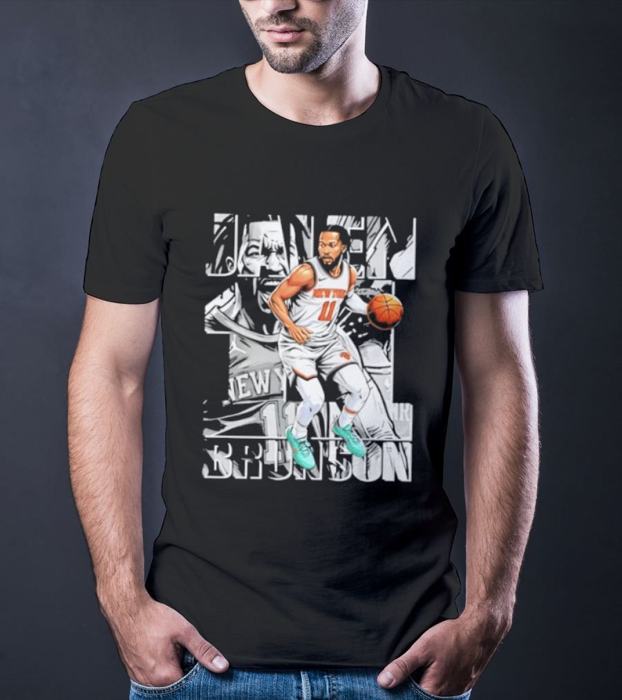 Jalen Brunson New York Number 11 Basketball Player Dribbling Action T-Shirt