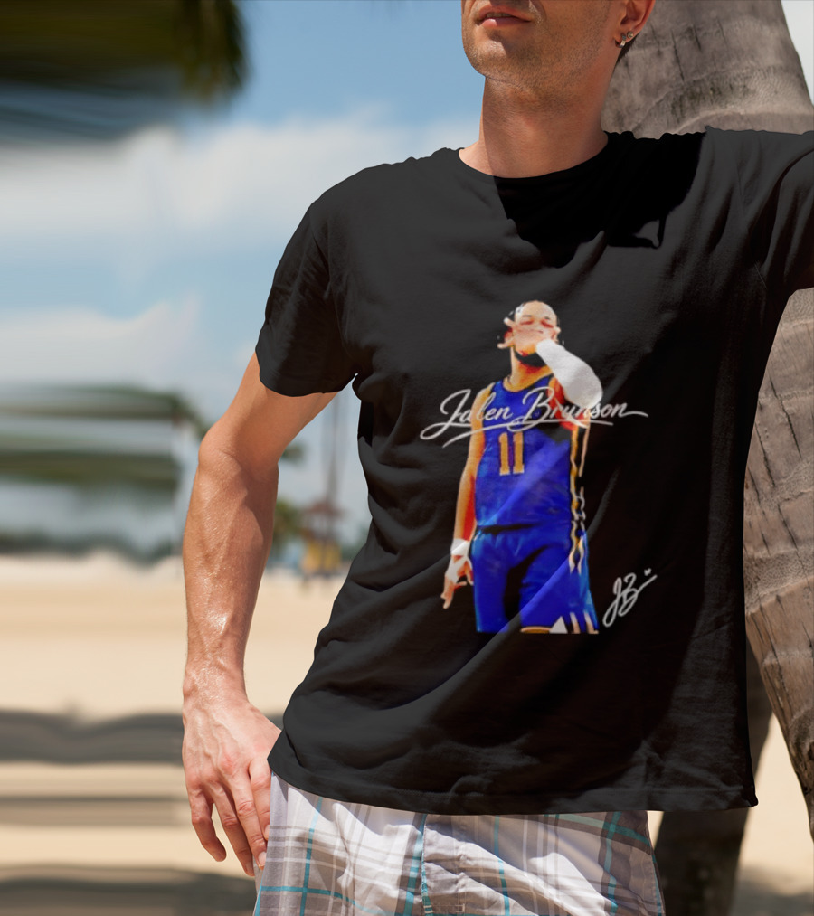 Jalen Brunson 11 Signature Gesture Basketball Blue Uniform T-Shirt