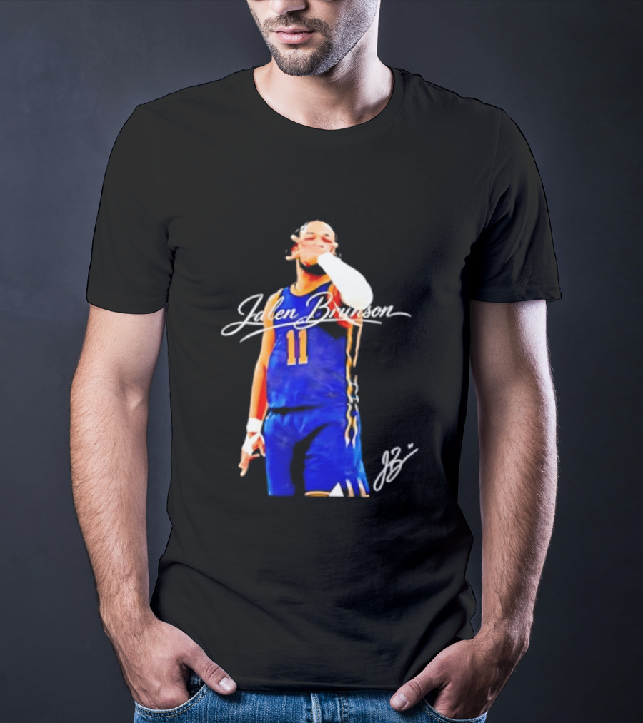 Jalen Brunson 11 Signature Gesture Basketball Blue Uniform T-Shirt