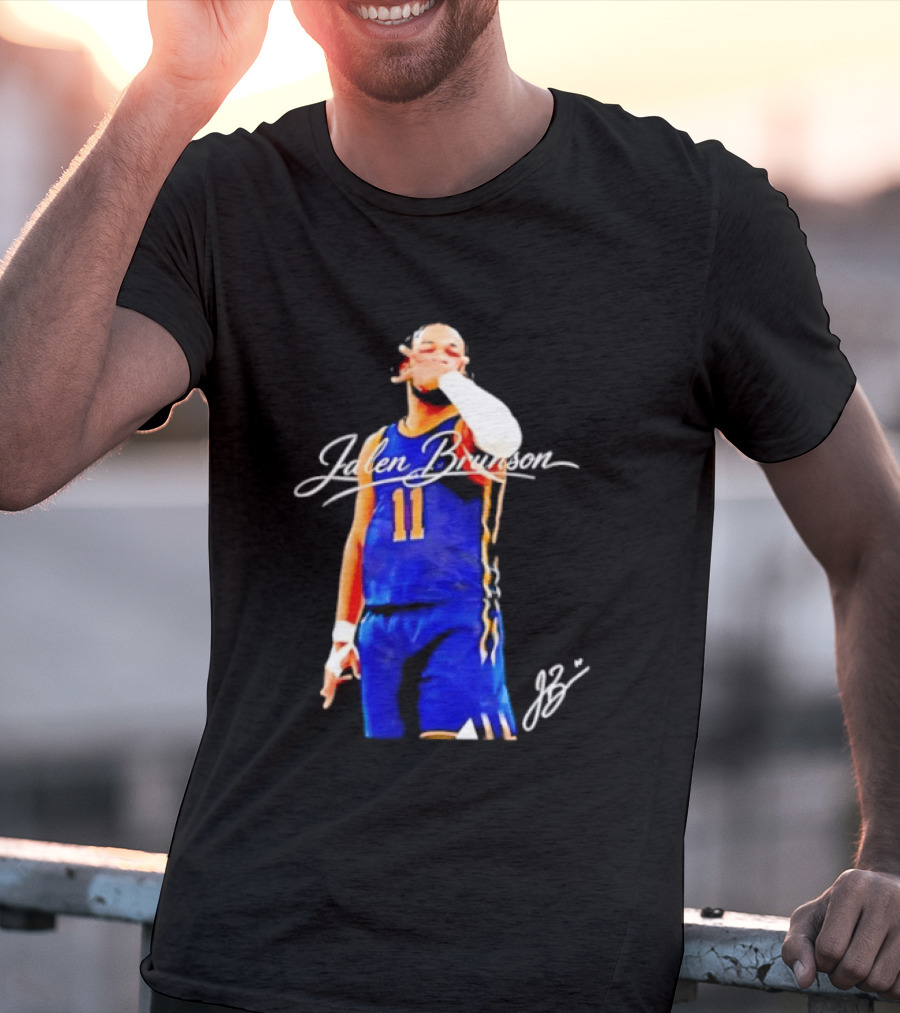 Jalen Brunson 11 Signature Gesture Basketball Blue Uniform T-Shirt