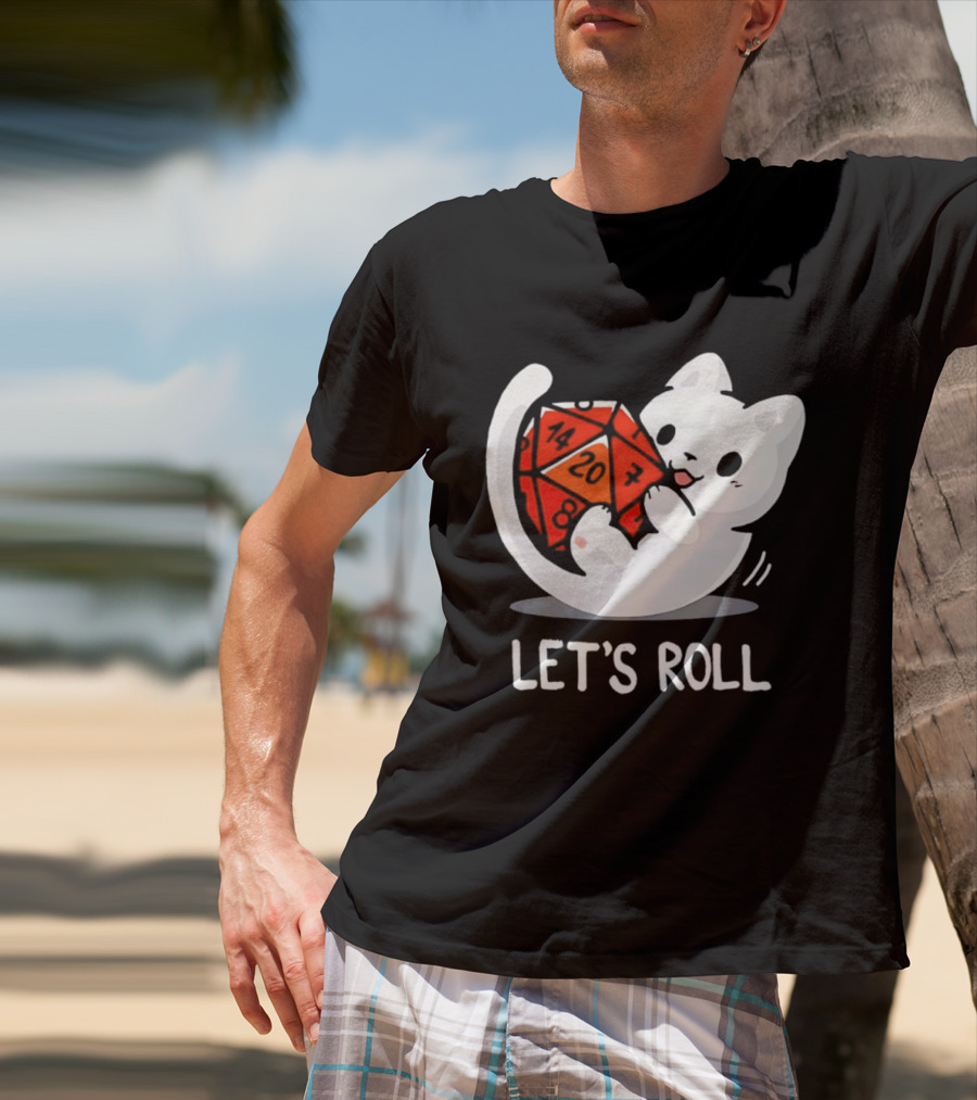 Let's Roll Cat Holding 20 Sided Die Dungeons And Dragons T-Shirt