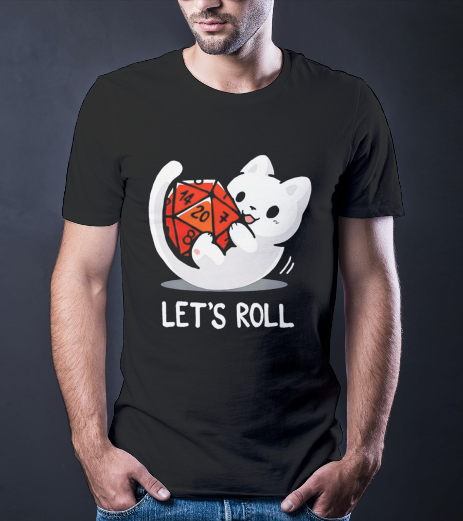 Let's Roll Cat Holding 20 Sided Die Dungeons And Dragons T-Shirt