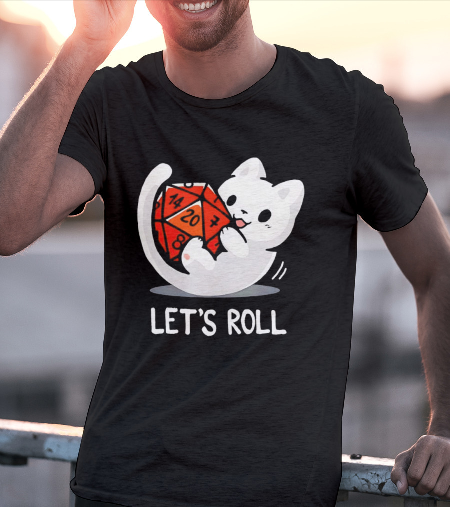 Let's Roll Cat Holding 20 Sided Die Dungeons And Dragons T-Shirt