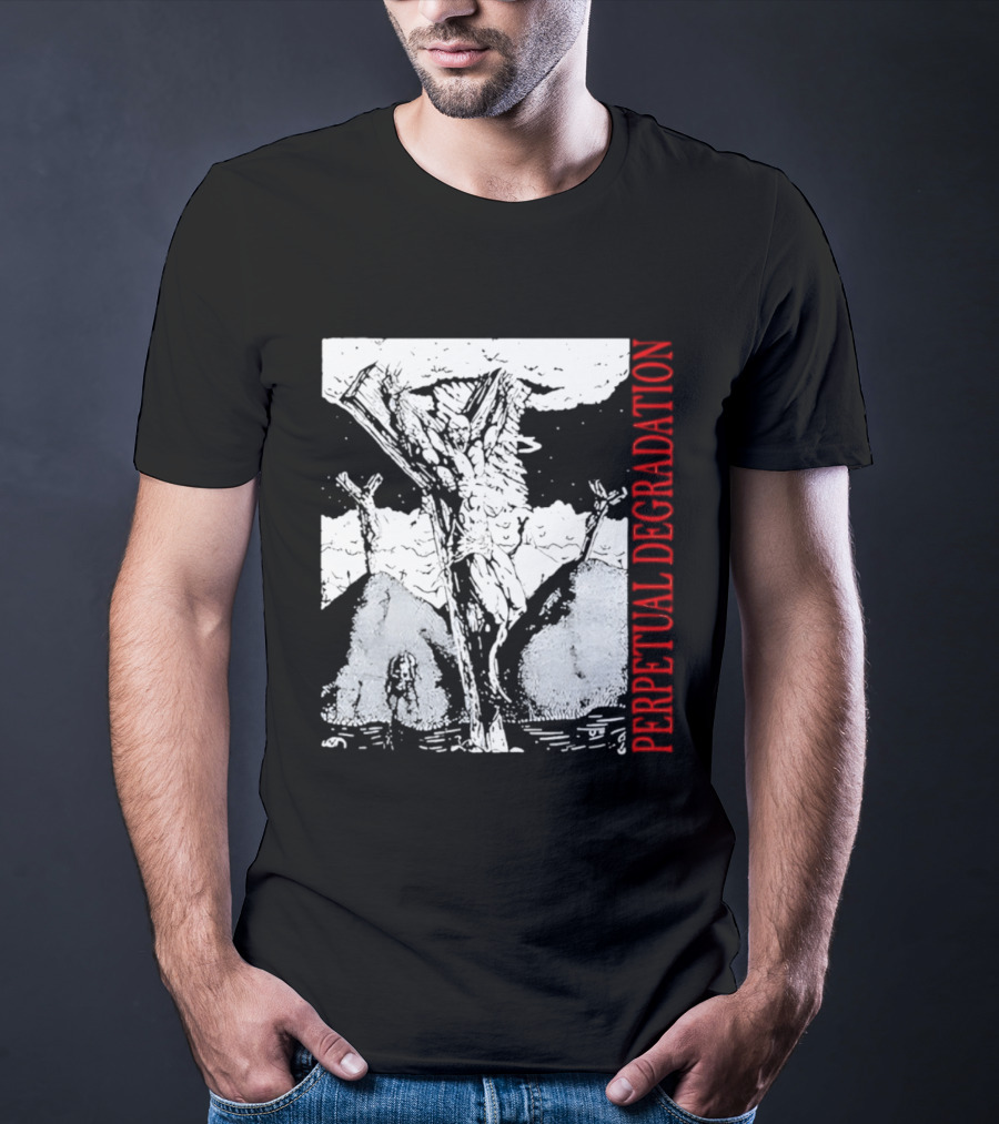 Perpetual Degradation Monster Crucifixion Skull Mountains Clouds T-Shirt