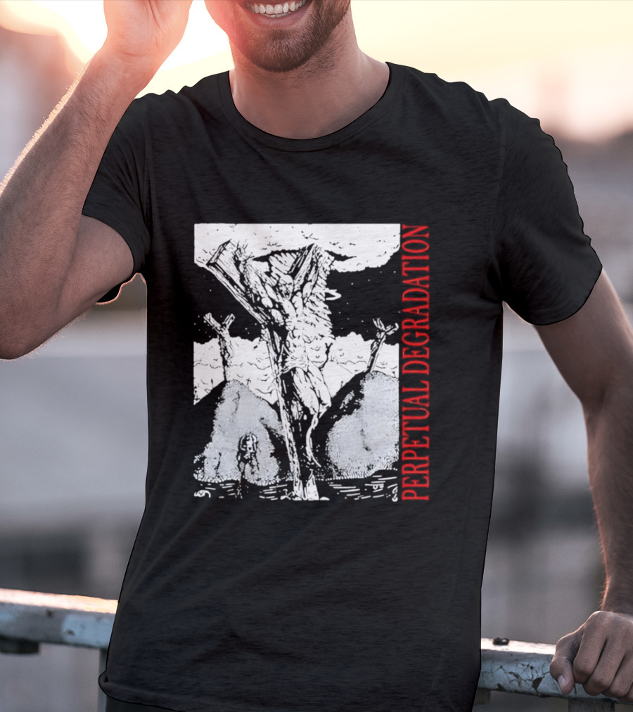 Perpetual Degradation Monster Crucifixion Skull Mountains Clouds T-Shirt
