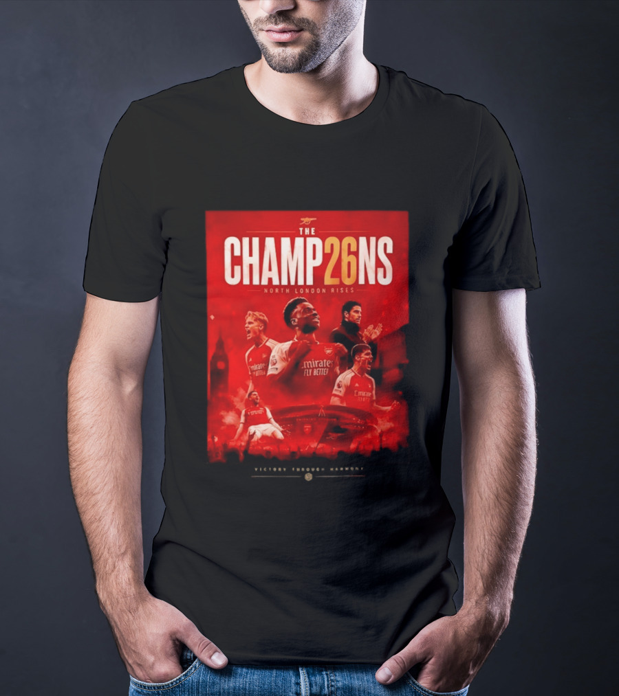 Arsenal FC The Champ26ns North London Rises Emirates Fly Better 2026 T-Shirt