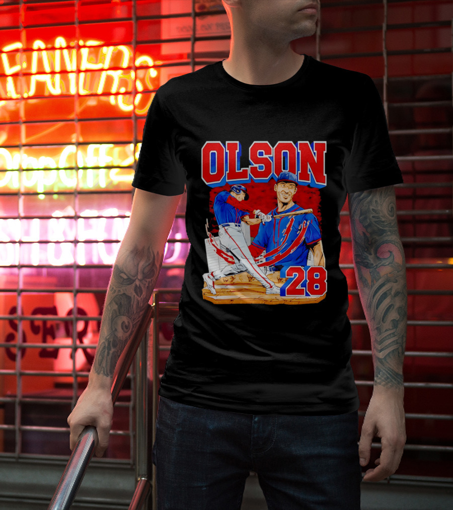 Olson 28 Baseball Player Blue And Red Hand Drawn T-Shirt
