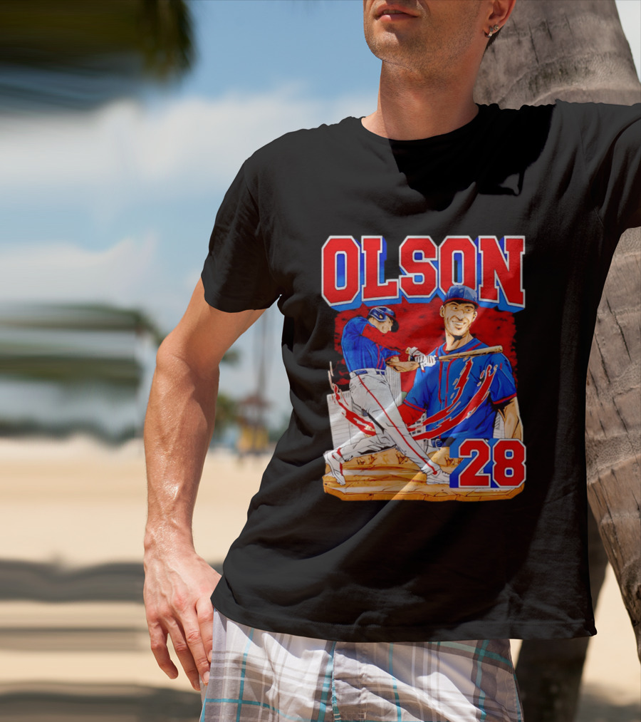 Olson 28 Baseball Player Blue And Red Hand Drawn T-Shirt