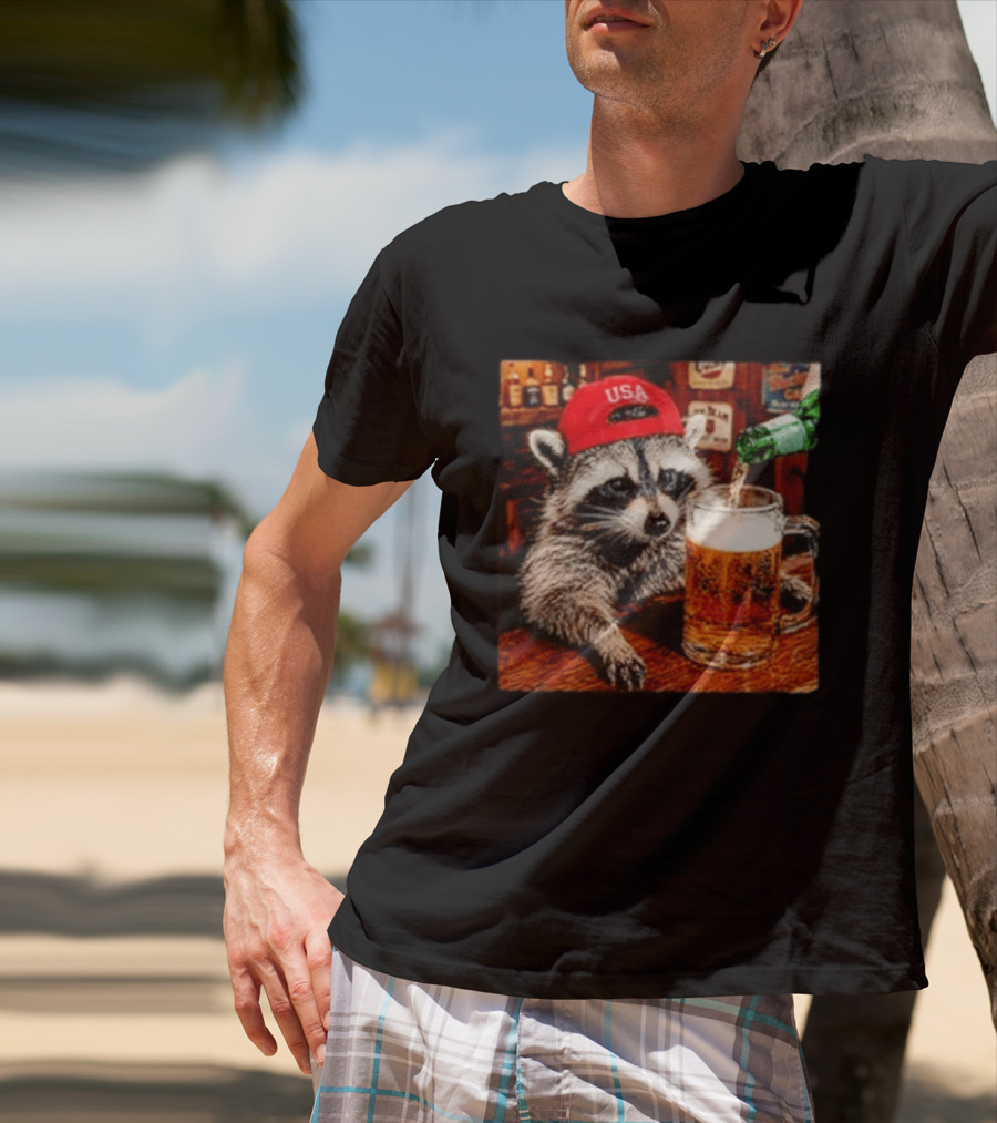 Patriotic Raccoon USA Hat Drinking Beer In Bar Scene T-Shirt