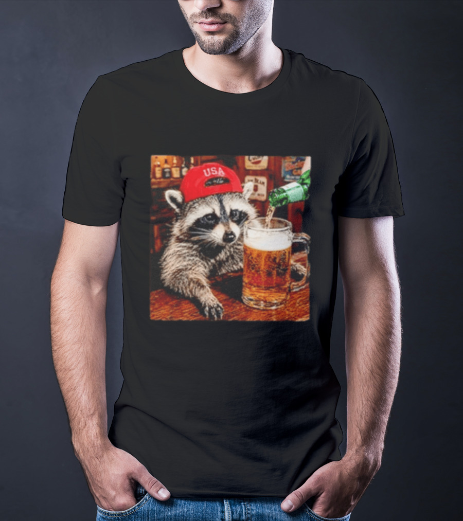 Patriotic Raccoon USA Hat Drinking Beer In Bar Scene T-Shirt