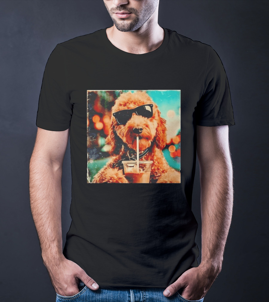 Goldendoodle With Sunglasses Enjoying Iced Coffee Retro Cool Vibes T-Shirt