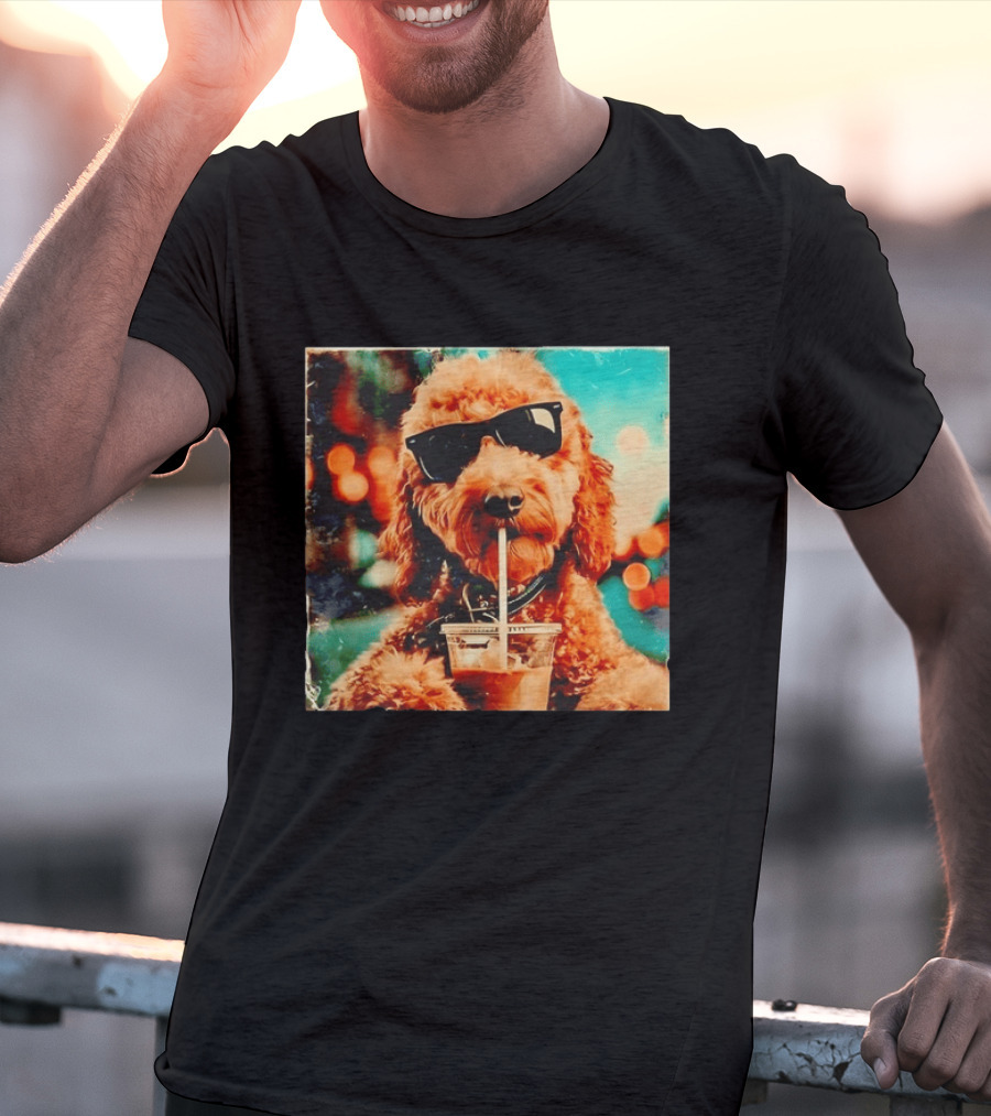 Goldendoodle With Sunglasses Enjoying Iced Coffee Retro Cool Vibes T-Shirt