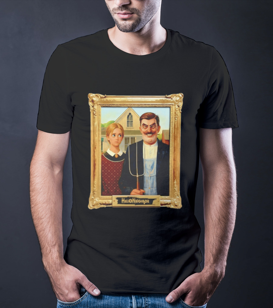 Hello Neighbor American Gothic Man Pitchfork Girl Painting Frame T-Shirt