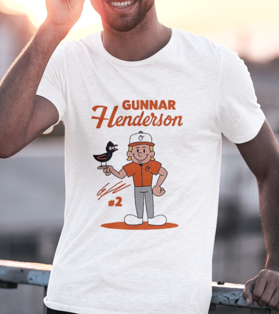 Gunnar Henderson Baltimore Orioles MLB Player Cartoon Character With Bird And Number 2 T-Shirt
