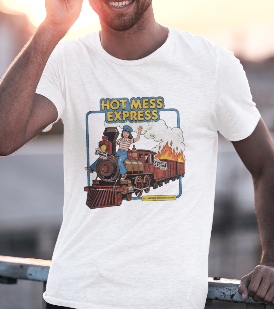 Hot Mess Express All Aboard Poor Decisions Cosmic Studio Vintage Train Cartoon T-Shirt