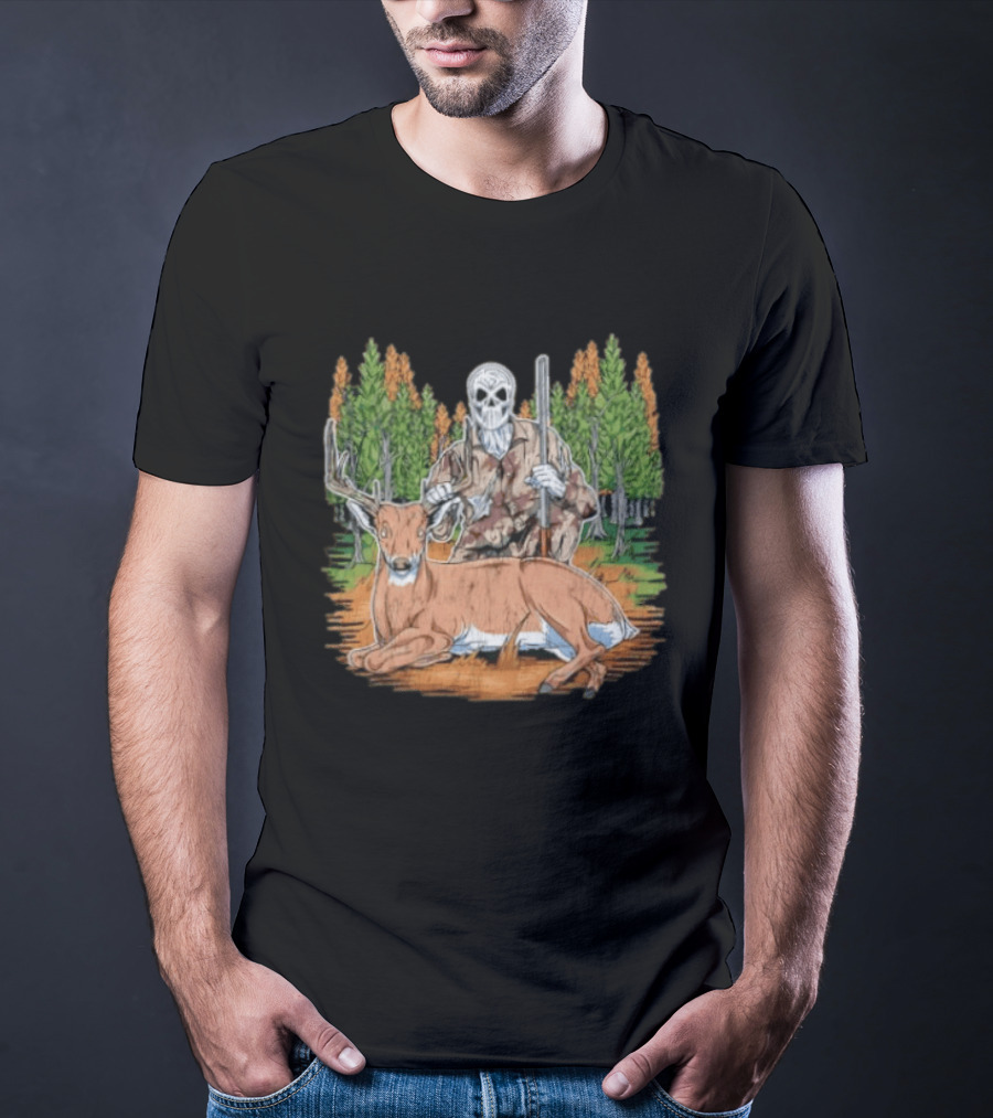 Skeleton Deer Hunting Skull Mask Camouflage Forest Scene T-Shirt