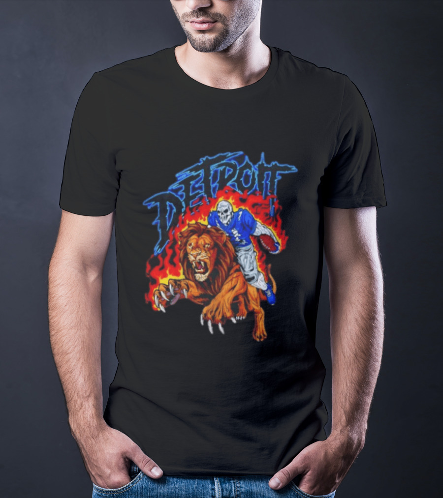 Detroit Skeleton Football Player Lion Fire Fusion T-Shirt