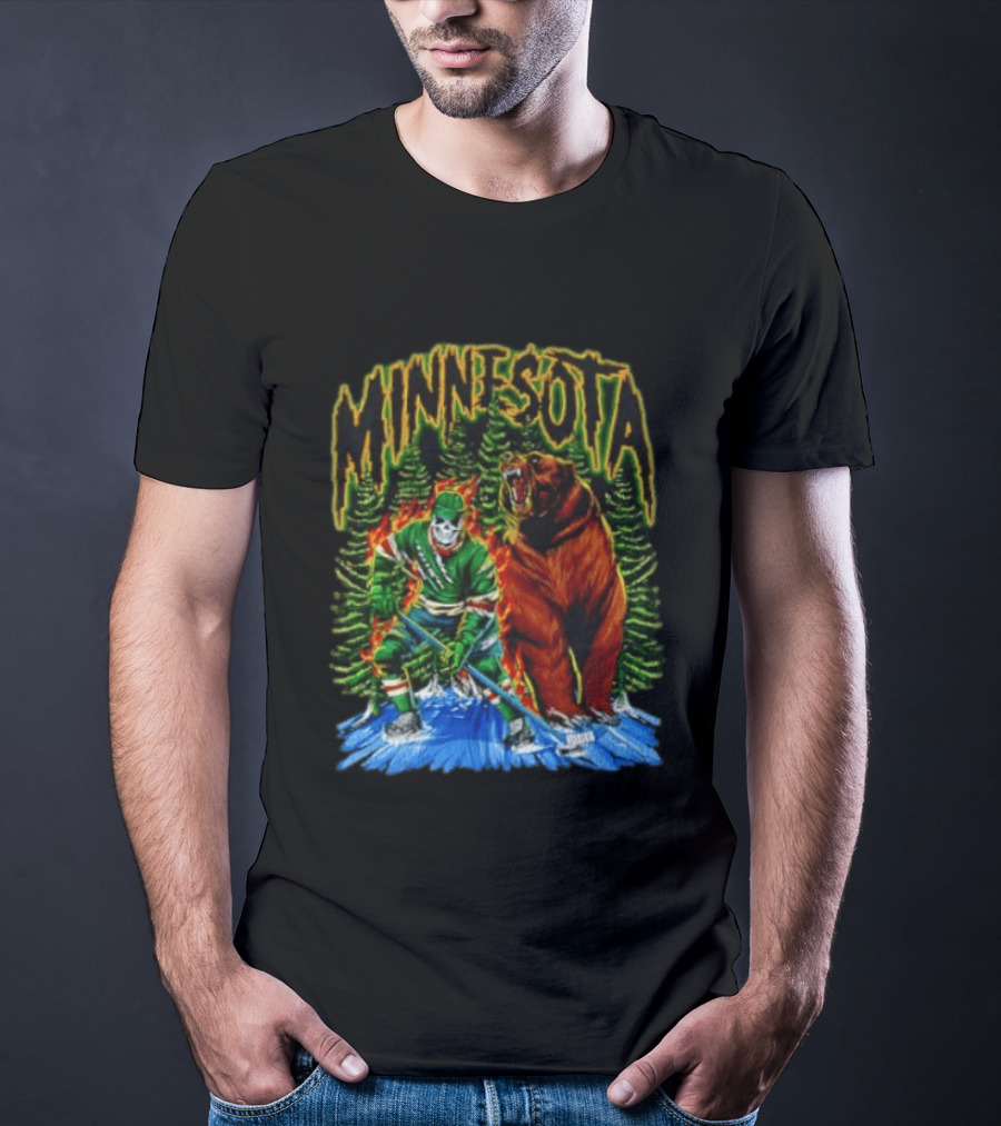 Minnesota Wild Hockey Skeleton Bear Forest Fire T-Shirt