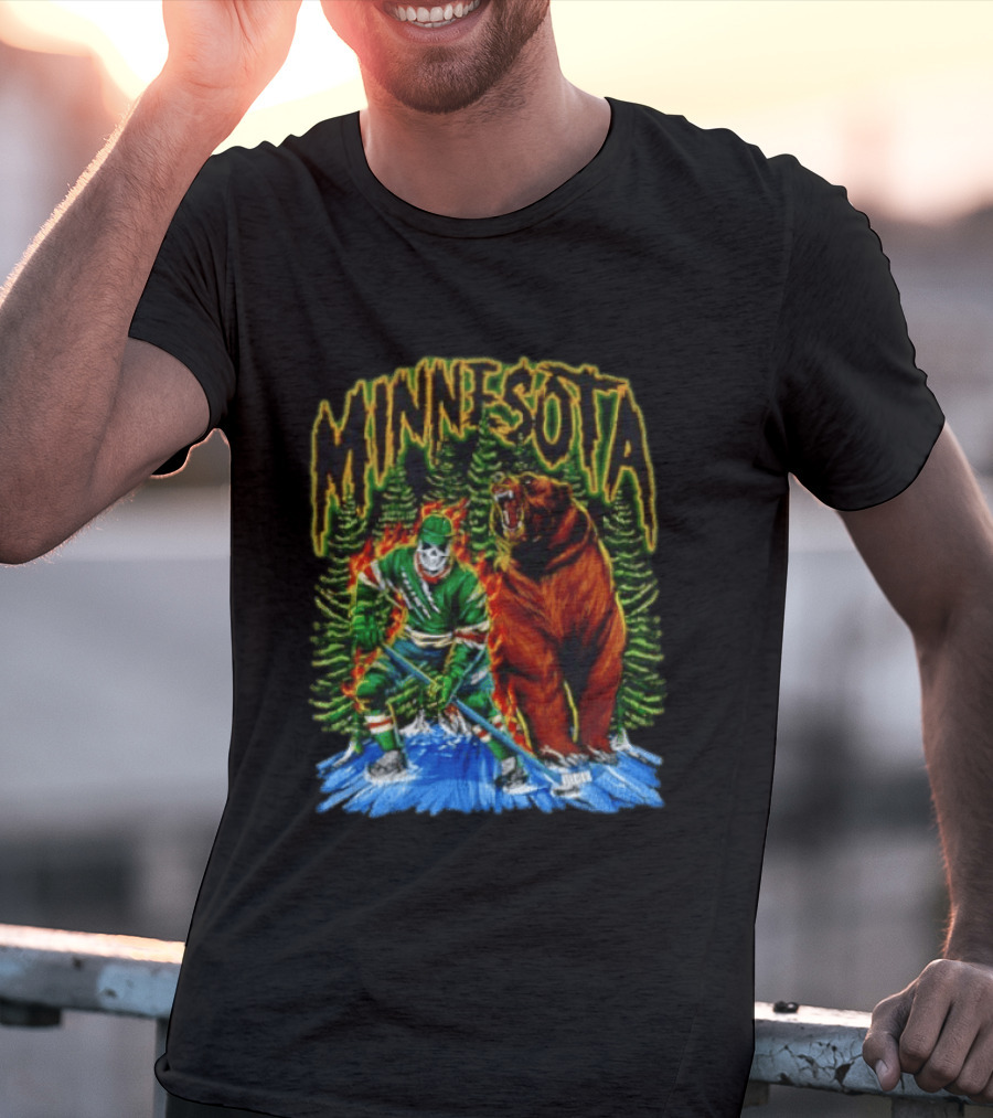 Minnesota Wild Hockey Skeleton Bear Forest Fire T-Shirt