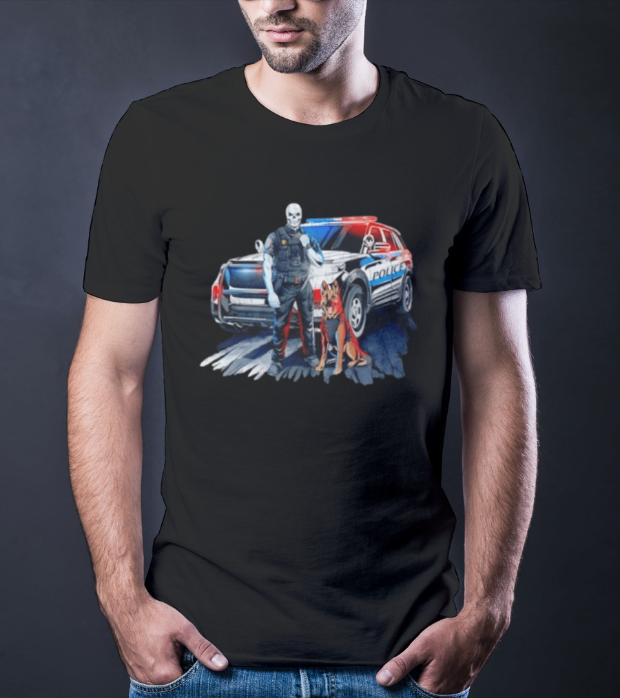 Skeleton Police Officer And Working Dog With Patrol Car T-Shirt