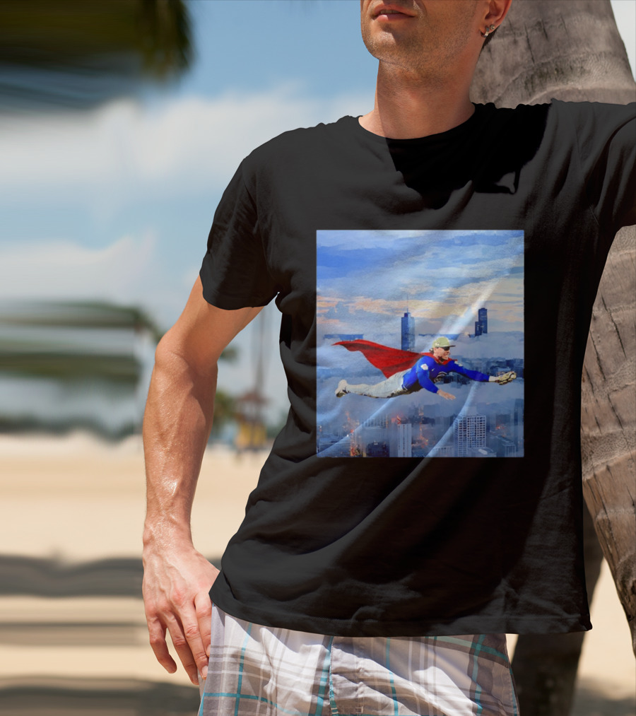 Superman Nico Hoerner Chicago Cubs Second Baseman Flying Over City Skyline T-Shirt