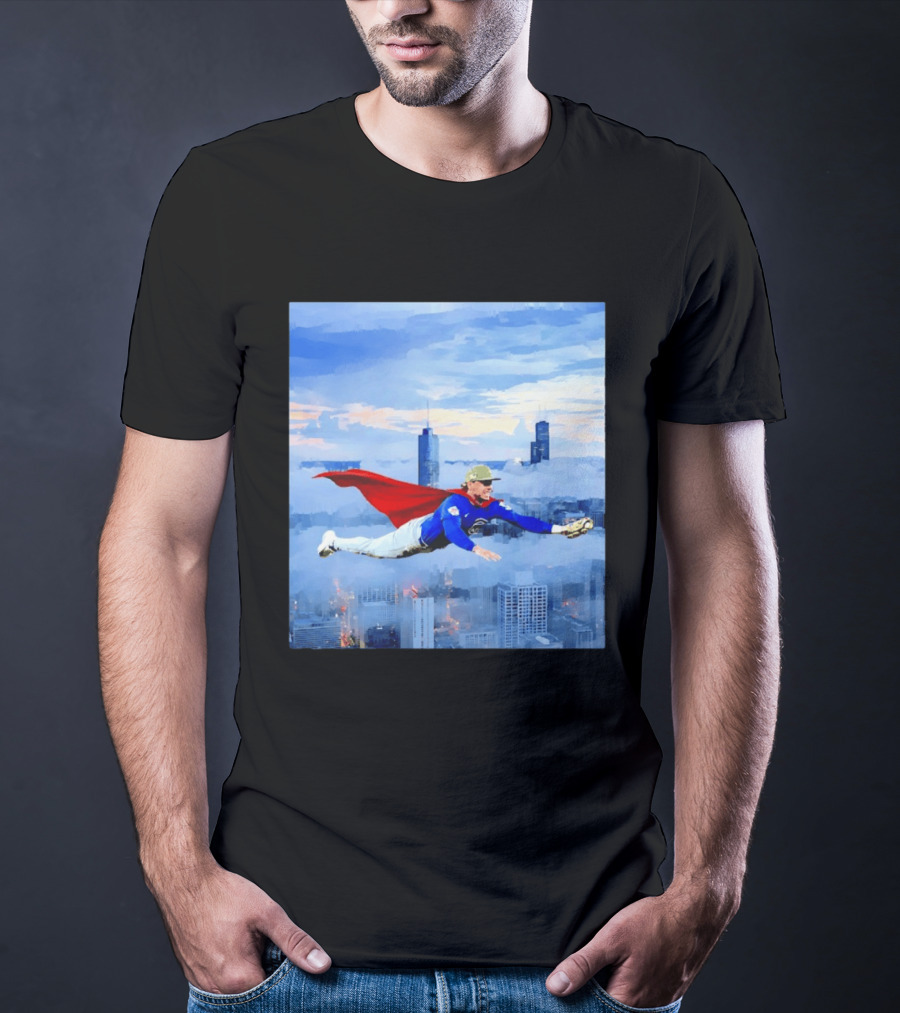 Superman Nico Hoerner Chicago Cubs Second Baseman Flying Over City Skyline T-Shirt