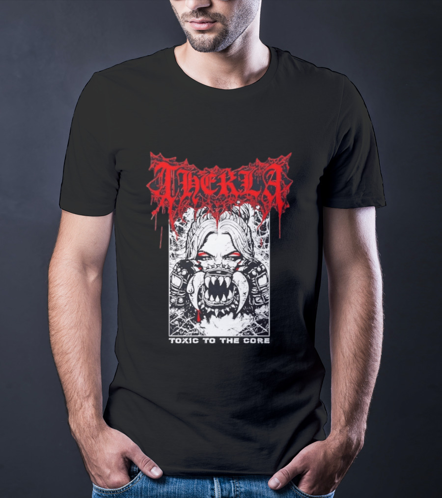 Therkla Toxic To The Core Female Demon Mouth Red Eyes Dripping Blood T-Shirt