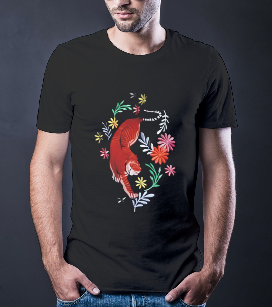 Todd Herzog Bengal Tiger Floral Motif With Vibrant Blooming Flowers T-Shirt