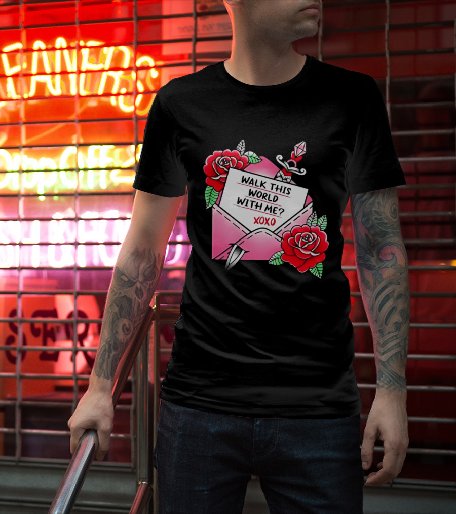 Walk This World With Me XOXO Romantic Tattoo Roses And Letter Envelope T-Shirt
