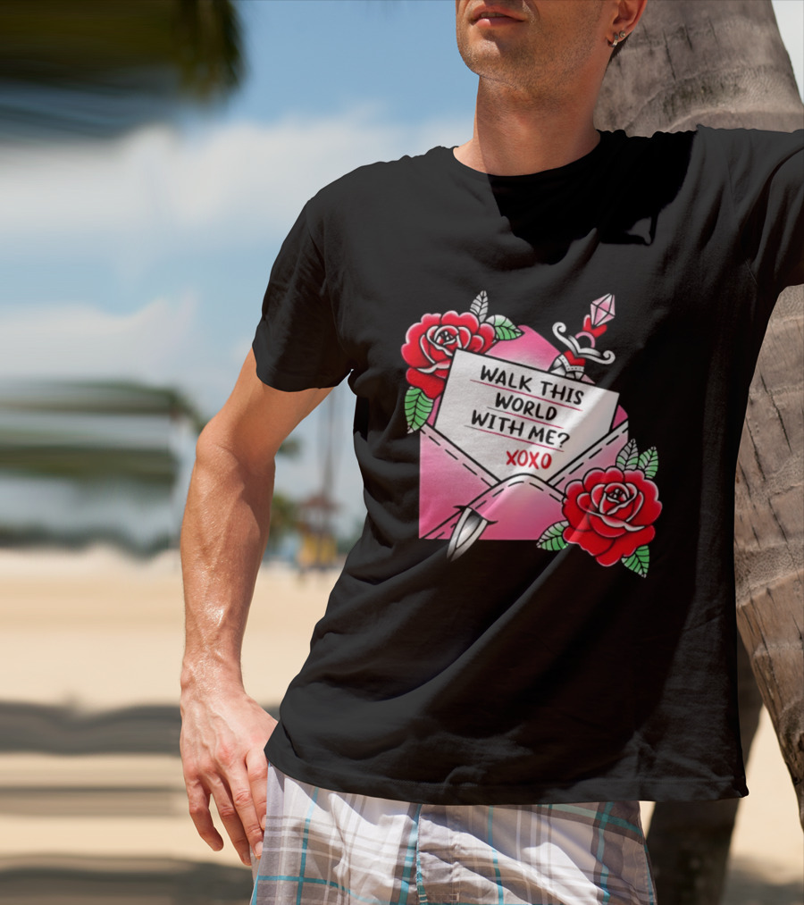 Walk This World With Me XOXO Romantic Tattoo Roses And Letter Envelope T-Shirt