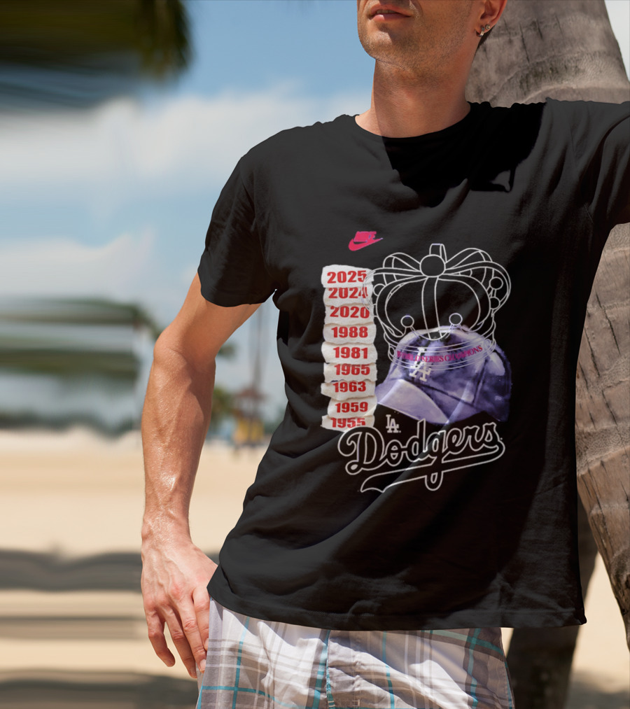 Los Angeles Dodgers 9x World Series Champions Crown And Cap 1955 2025 T-Shirt