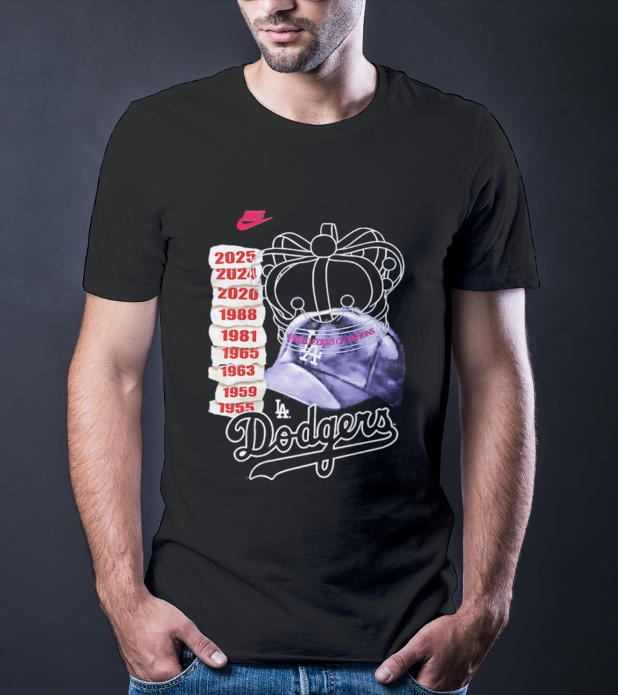Los Angeles Dodgers 9x World Series Champions Crown And Cap 1955 2025 T-Shirt