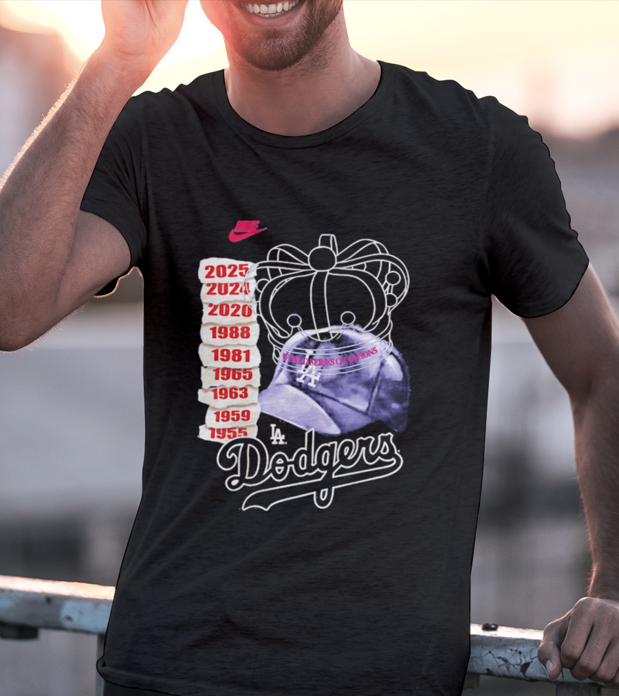 Los Angeles Dodgers 9x World Series Champions Crown And Cap 1955 2025 T-Shirt