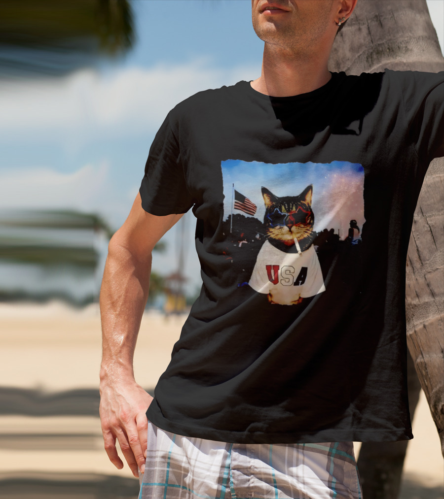 USA Cat With American Flag Sunglasses Smoking Fireworks T-Shirt