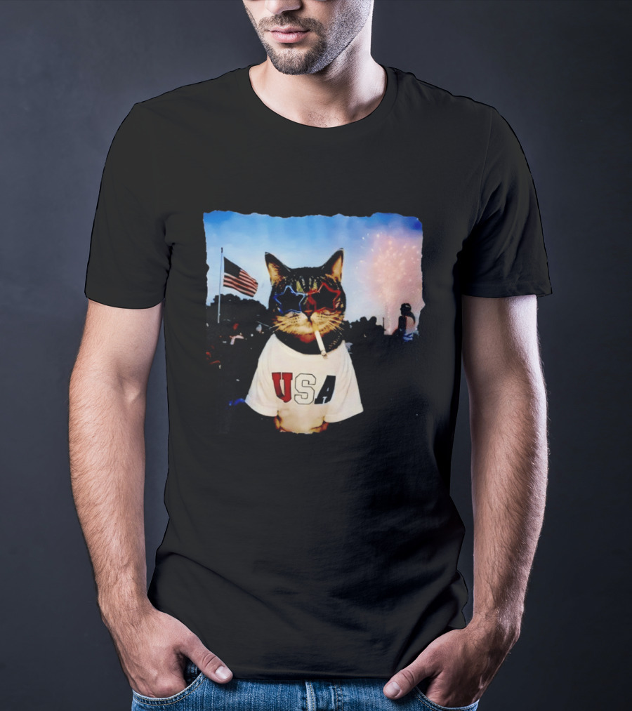 USA Cat With American Flag Sunglasses Smoking Fireworks T-Shirt